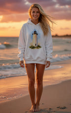 Woman wearing a hoodie with a lighthouse design on a beach at sunset