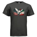 Peace dove t-shirt design featuring a white dove with olive branch between distressed USA and Iran flag-inspired artwork.