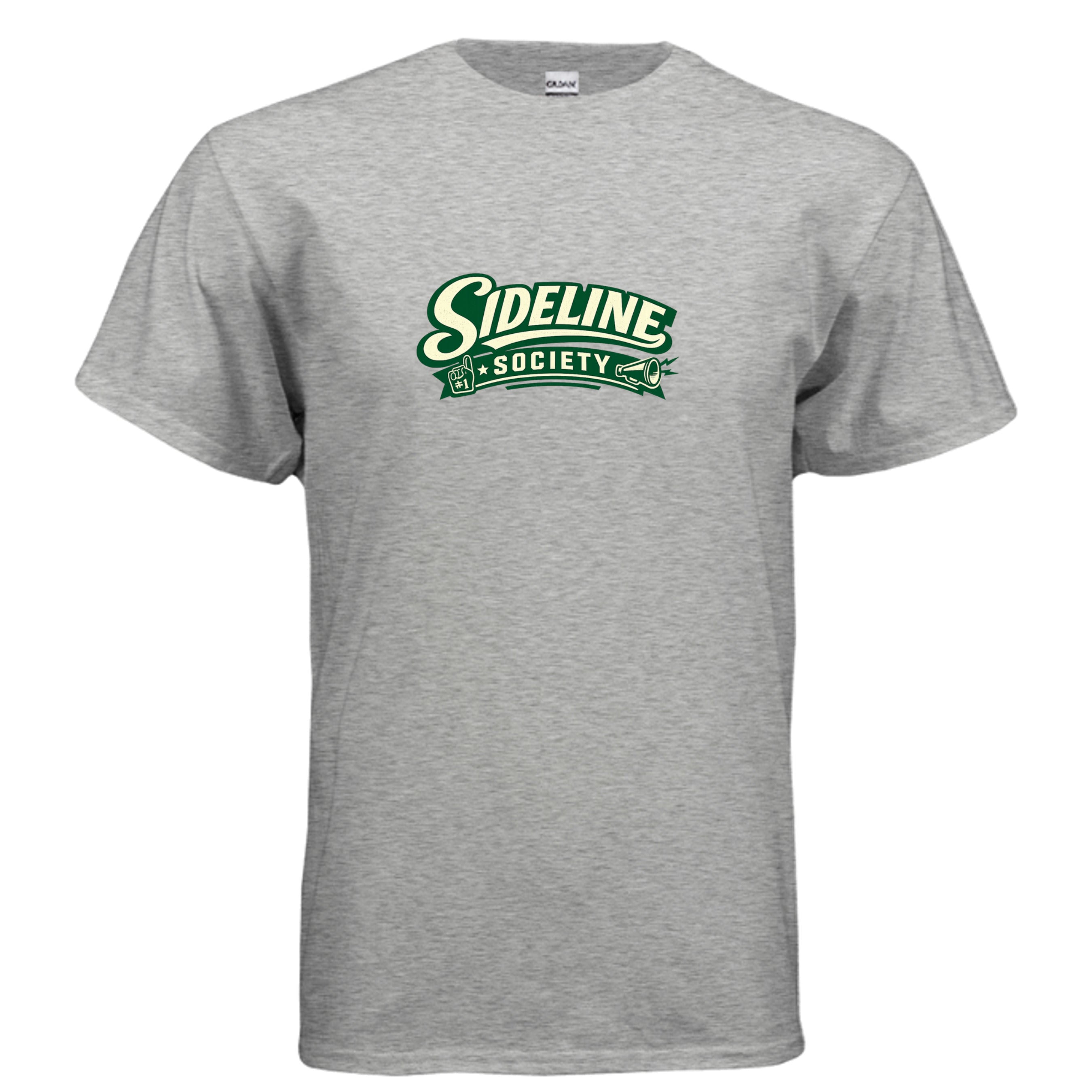 Retro Sideline Society sports fan t-shirt graphic with cream lettering, green banner, foam finger, megaphone, and vintage athletic style.