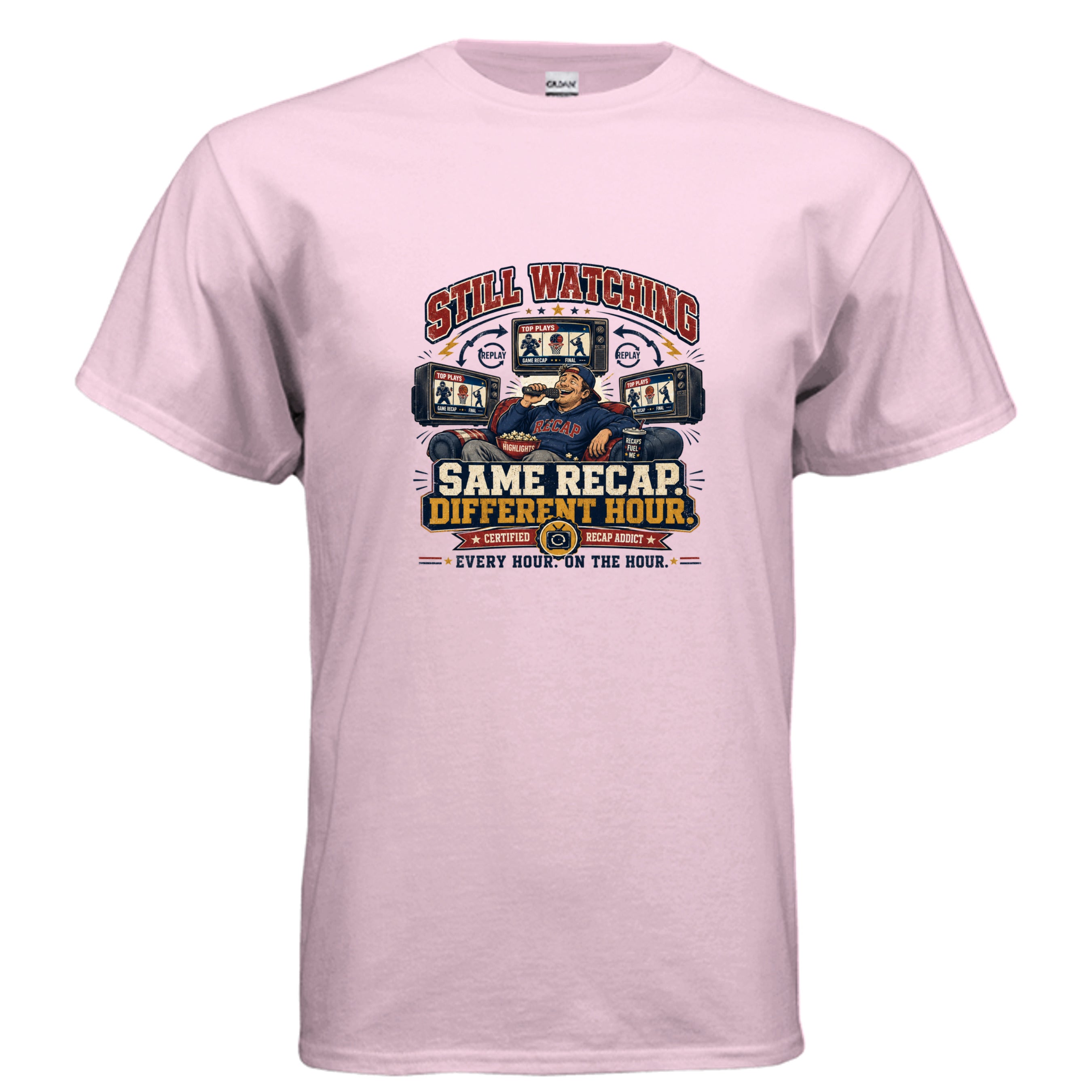 Vintage-style funny sports t-shirt design reading “Still Watching Same Recap Different Hour Every Hour On The Hour,” featuring a couch sports fan, retro TVs, replay arrows, snacks, and generic sports highlight graphics.