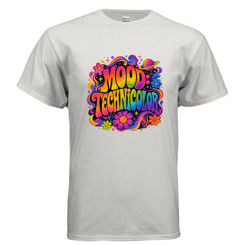 Mood Technicolor psychedelic graphic t-shirt design with rainbow retro lettering, cosmic stars, groovy flowers, planet, moon, and colorful swirls.