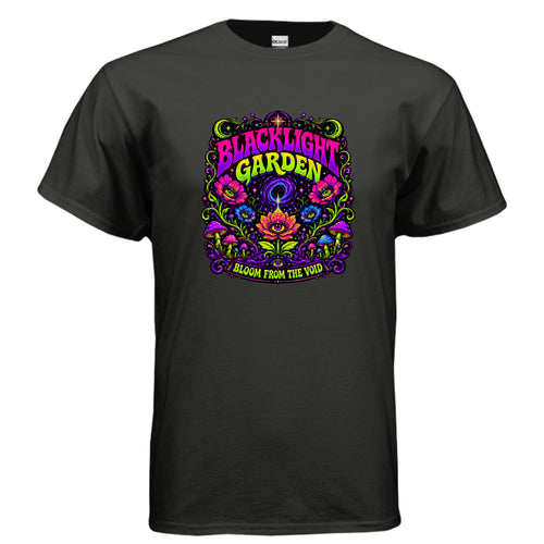 Blacklight Garden Bloom From The Void psychedelic graphic t-shirt design with neon flowers, mushrooms, cosmic stars, and retro blacklight poster typography.