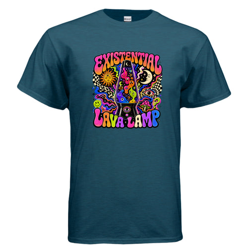 Existential Lava Lamp psychedelic graphic t-shirt design featuring a colorful retro lava lamp with cosmic blobs, faces, planets, stars, moons, eyes, and bold trippy lettering.
