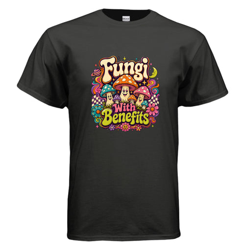 Fungi With Benefits psychedelic mushroom graphic t-shirt design with retro groovy lettering, colorful smiling mushrooms, stars, flowers, and cosmic details.