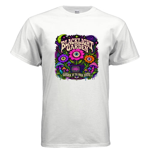 Blacklight Garden Garden Of The Inner Static psychedelic t-shirt design with neon mushrooms, eye flowers, cosmic stars, retro TV static, and blacklight poster art style.