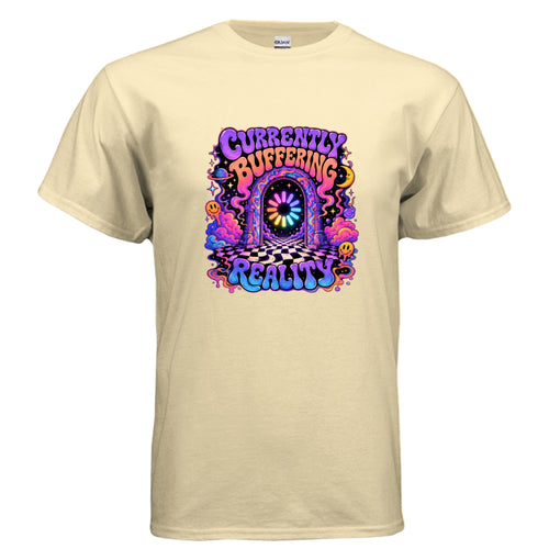Currently Buffering Reality psychedelic t-shirt design with neon portal, glowing loading icon, checkerboard floor, cosmic clouds, stars, and retro bubble lettering.