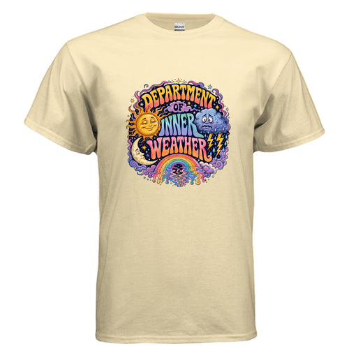Psychedelic Department Of Inner Weather t-shirt graphic featuring groovy retro lettering, a smiling sun, anxious raincloud, crescent moon, lightning bolts, stars, and a melting rainbow.