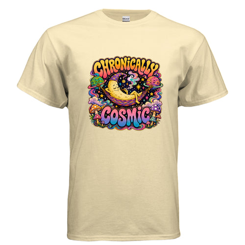 Chronically Cosmic psychedelic t-shirt design featuring a sleepy crescent moon lounging in a hammock between two colorful planets, surrounded by stars, mushrooms, cosmic swirls, and retro bubble lettering.