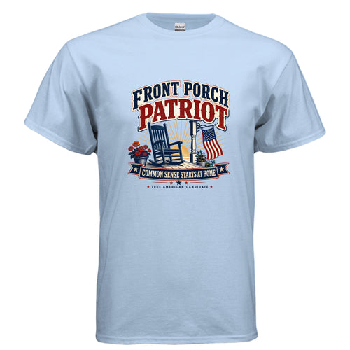 Front Porch Patriot patriotic t-shirt design featuring a rocking chair, American flag, sunrise, and the phrase Common Sense Starts at Home.