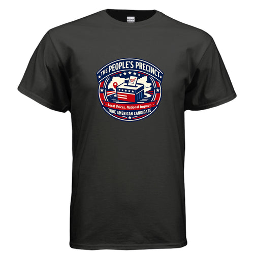 The People’s Precinct patriotic badge t-shirt design featuring a ballot box, stars, stripes, map marker, and the phrase Local Voices National Impact.
