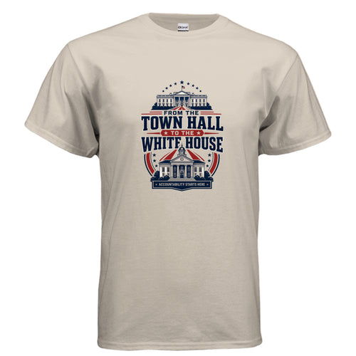 Patriotic t-shirt graphic reading From the Town Hall to the White House with Accountability Starts Here, featuring Americana civic buildings, stars, and stripes.