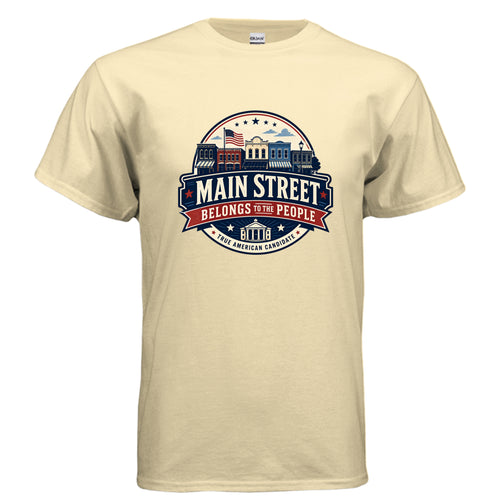 Main Street Belongs to the People patriotic vintage Americana t-shirt design with small-town storefronts, stars, flag, and True American Candidate text.