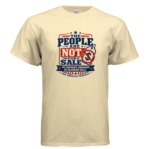Vintage patriotic political t-shirt design reading “The People Are Not For Sale” with crossed-out price tag symbol, stars, red white and blue colors, and True American Candidate branding.