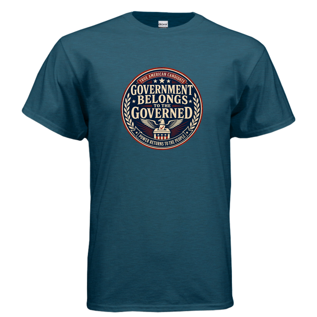 Government Belongs to the Governed True American Candidate patriotic political reform t-shirt design with vintage red white and blue civic seal.