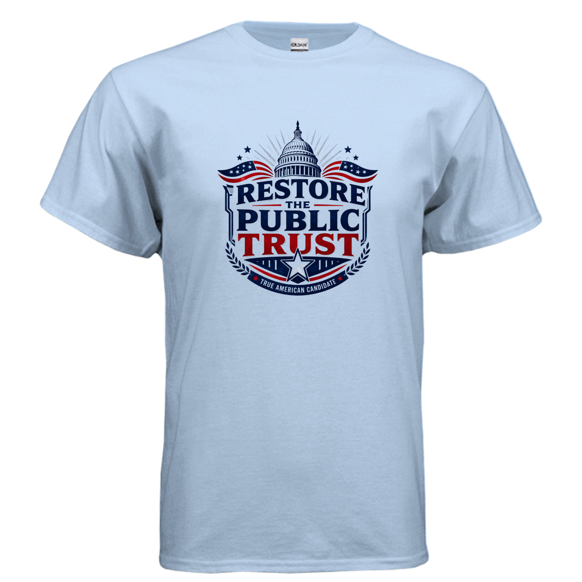 Restore the Public Trust patriotic political t-shirt design with Capitol dome, stars, red white and blue graphics, and True American Candidate text.