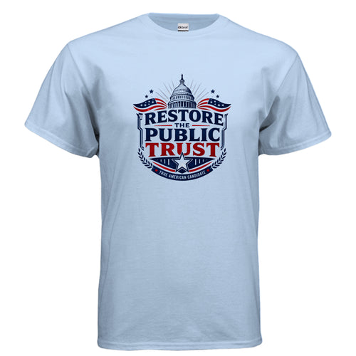 Restore the Public Trust patriotic political t-shirt design with Capitol dome, stars, red white and blue graphics, and True American Candidate text.