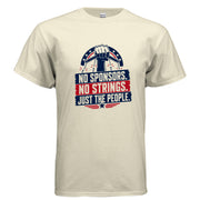 No Sponsors No Strings Just the People True American Candidate political reform t-shirt design with patriotic red white and blue broken string graphic.