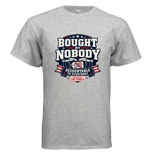 Bought by Nobody Accountable to Everybody patriotic political t-shirt design with stars, stripes, broken puppet strings, crossed-out special interest donor tag, and Paid For By The People stamp.