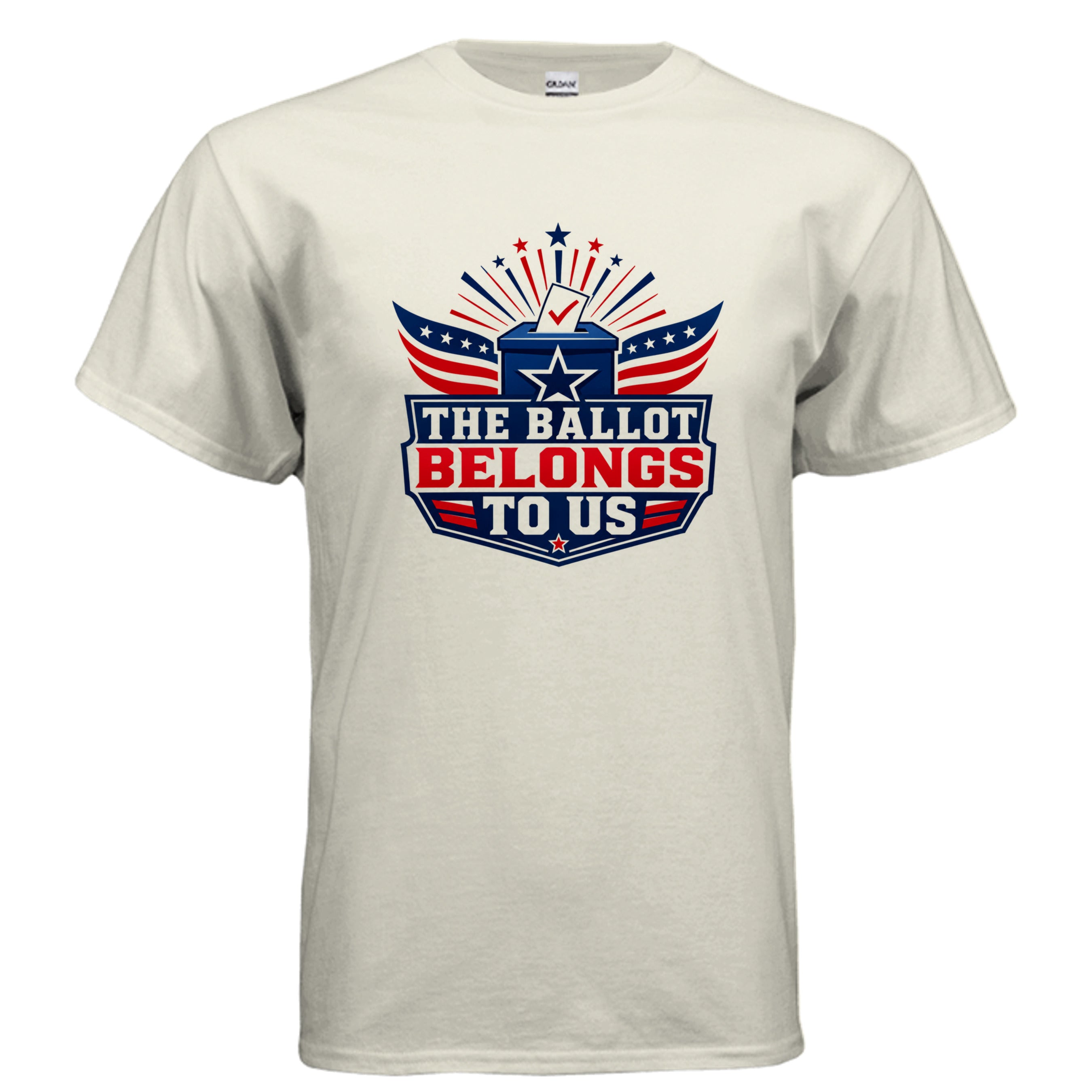 Patriotic “The Ballot Belongs to Us” t-shirt design featuring a ballot box, stars, stripes, and bold red, white, and blue lettering.