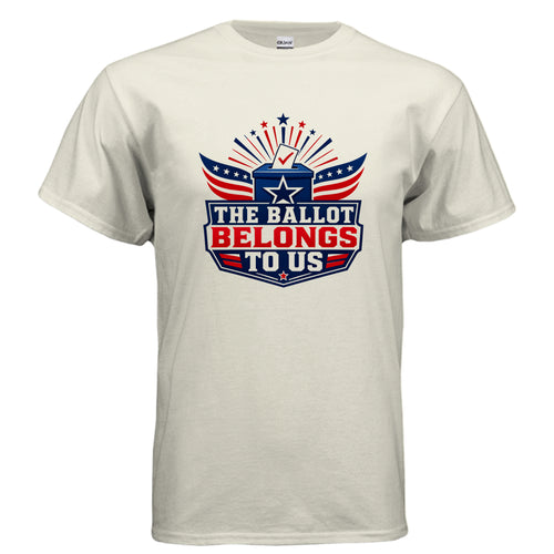 Patriotic “The Ballot Belongs to Us” t-shirt design featuring a ballot box, stars, stripes, and bold red, white, and blue lettering.