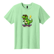 Cartoon green dinosaur wearing sunglasses riding a skateboard with a yellow lightning bolt, designed for a kids graphic t-shirt.