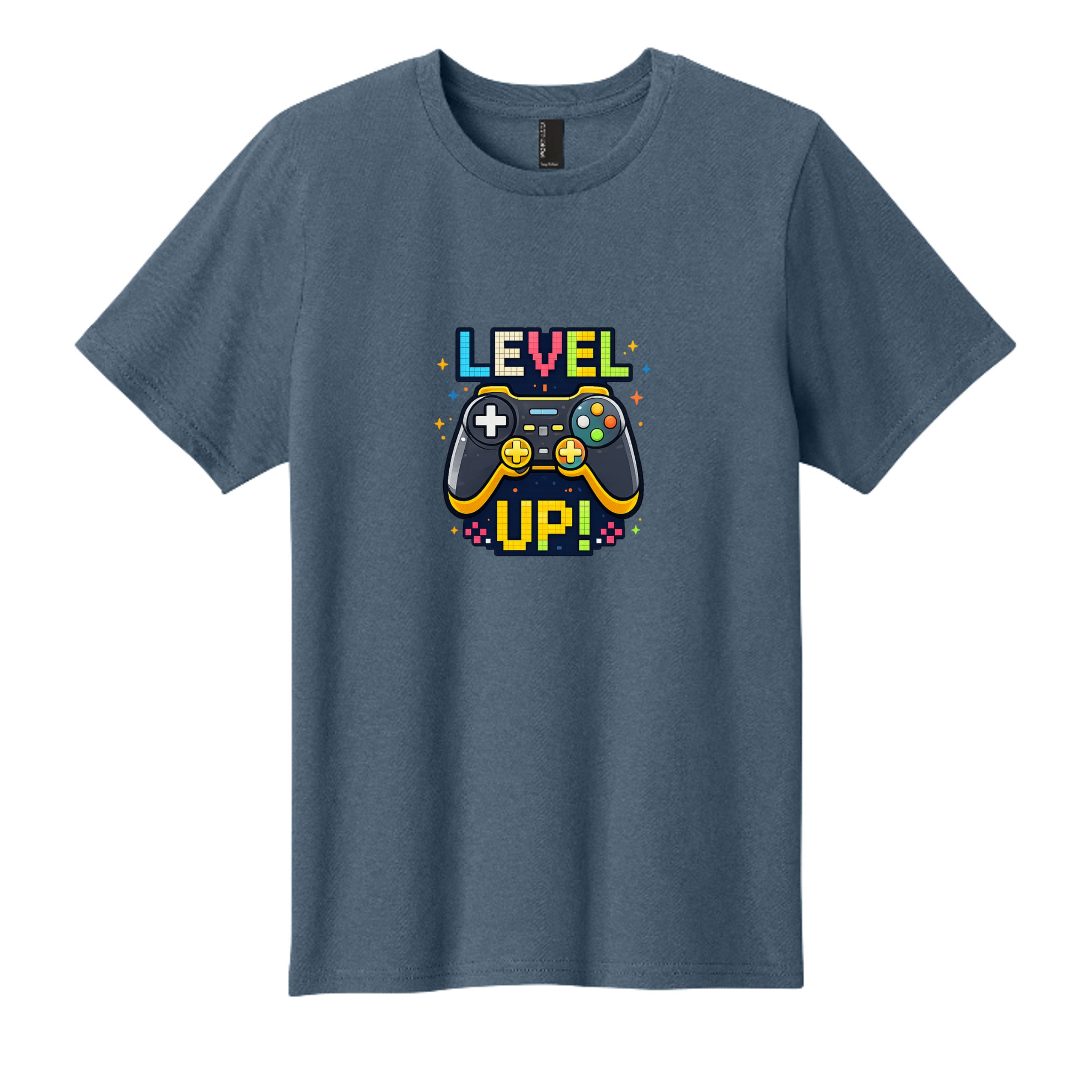 Colorful kids t-shirt graphic featuring a retro video game controller with pixel-style text that says Level Up and bright arcade star accents.